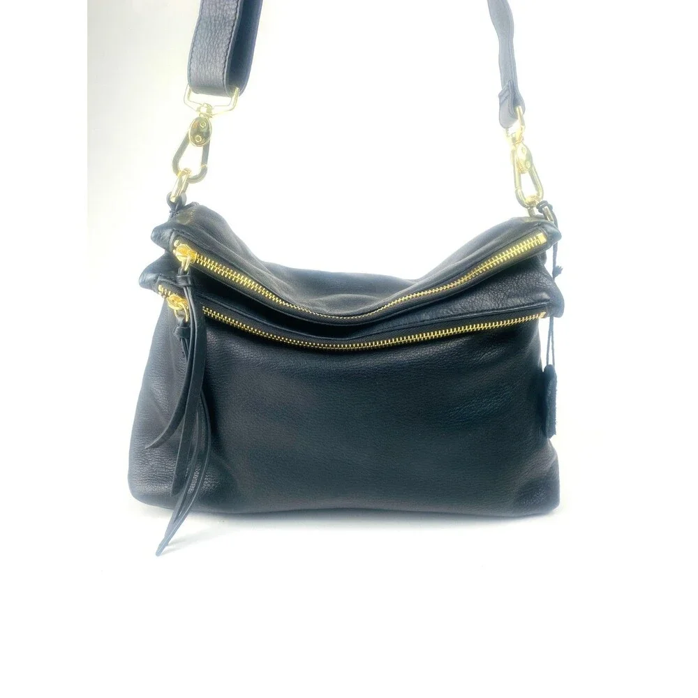 Margot Mickey Black Pebbled Leather Foldover Shoulder Bag Gold Hardware Slouchy